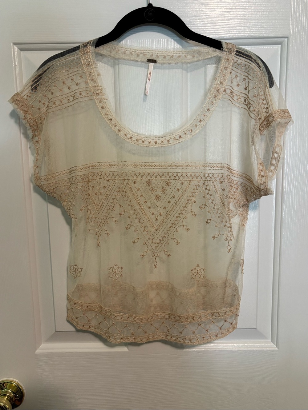 Free People Sheer Cream Embroidered Scoop Neck The Vicki Top